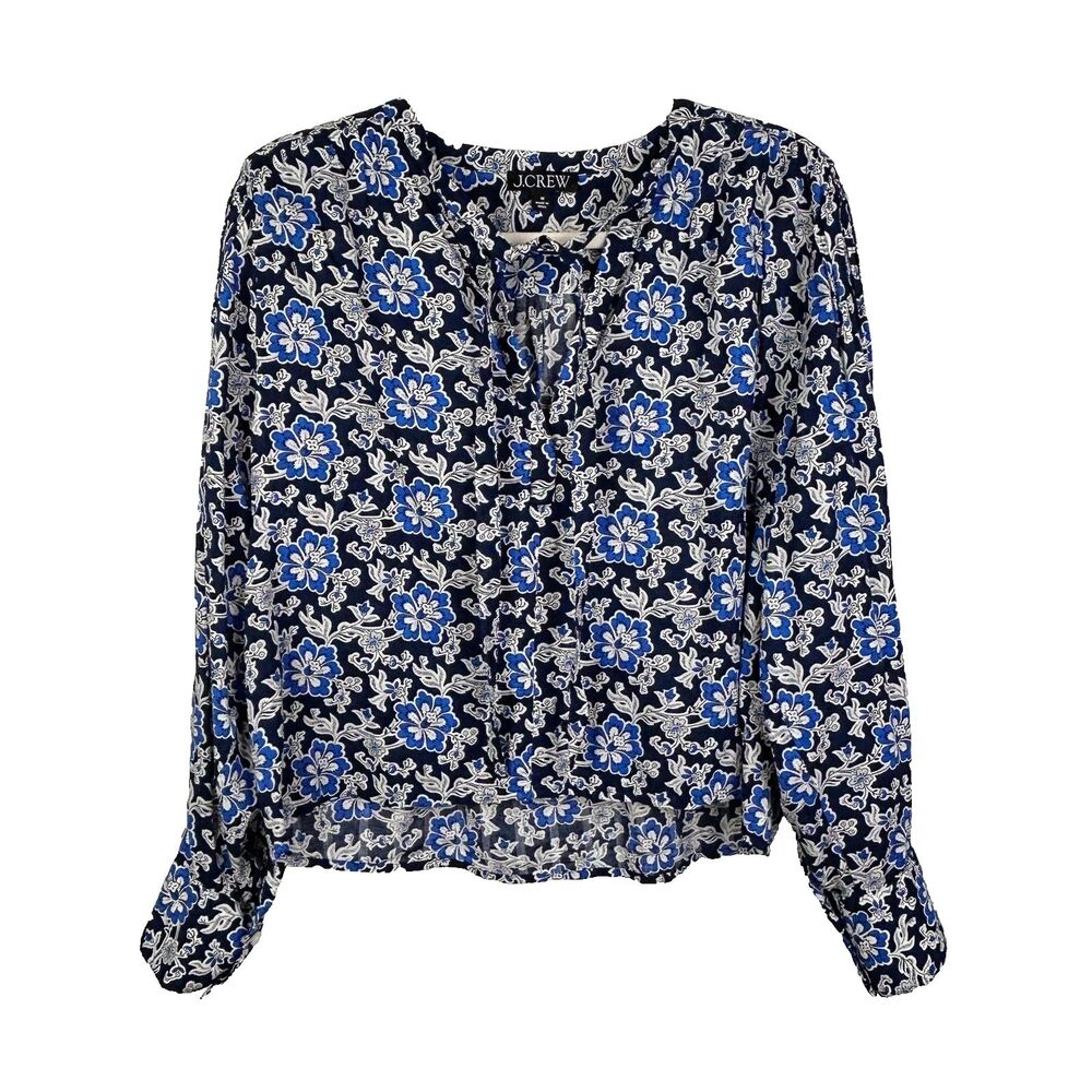J.Crew V Neck Tie Top Floral Cotton Blend Dobby Blue Floral Long Puff Sleeve M - Picture 3 of 14